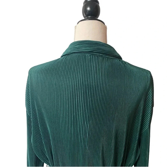 Papermoon Emerald Green Plissé Pleated Shirt Dress Belted Ruffle Hem Long Sleeve - Picture 12 of 16